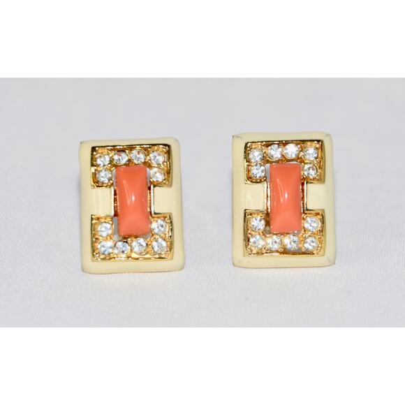 KENNETH JAY LANE Vintage Art Deco Coral - Crystal and Enamel Clip Earrings - Picture 4 of 8